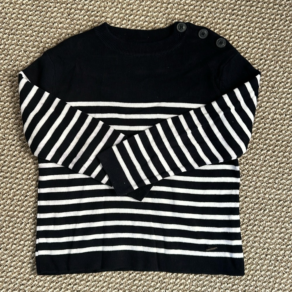 Zara boy navy and white stripe sweater with button detail